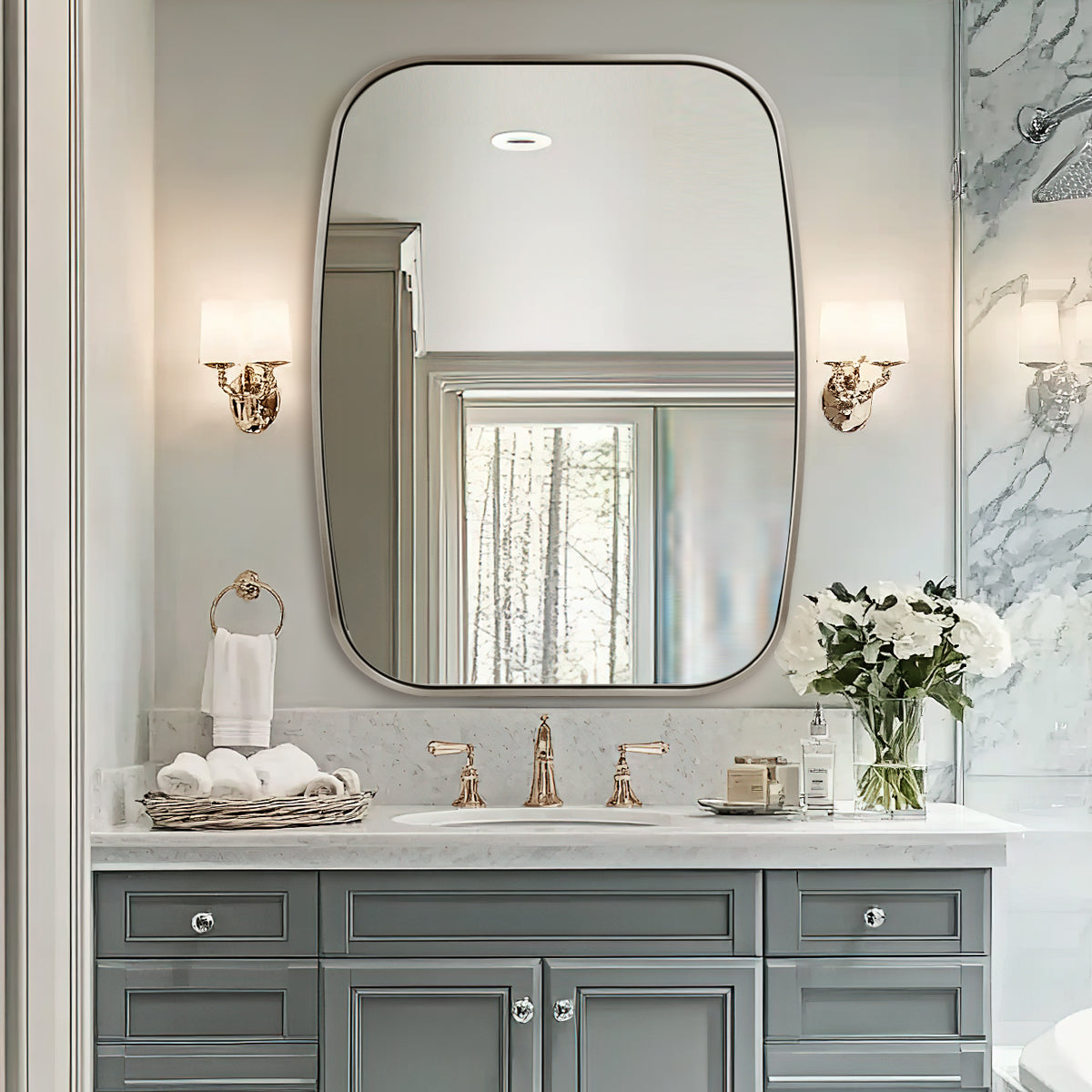 Contemporary Long Oval Oblong Bathroom Mirror | Stainless Steel Frame