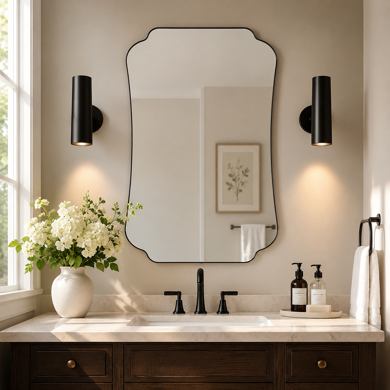 Contemporary Cut Corner Concave Edge Scalloped Bathroom Mirror | Stainless Steel Frame