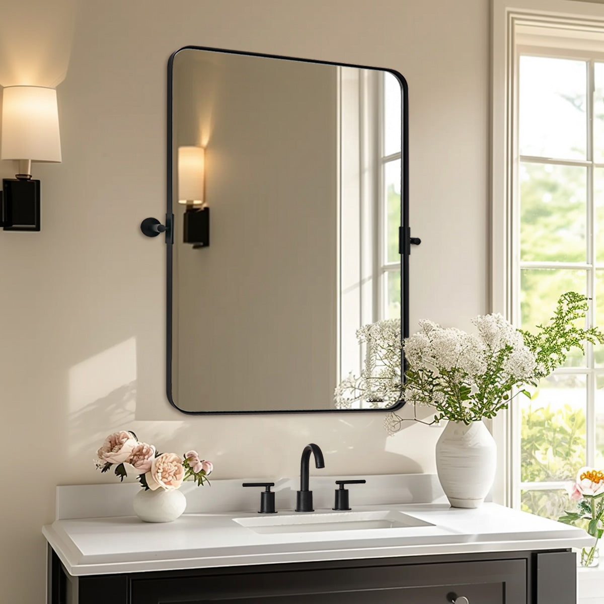 Open Box Like New: Tilting Pivot Rectangular Bathroom Mirrors | Stainless Steel Frame