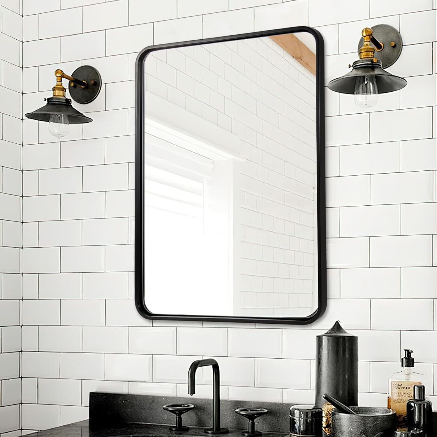 Contemporary Iron Framed Rounded Rectangular Mirrors for Bathroom/ Living Room