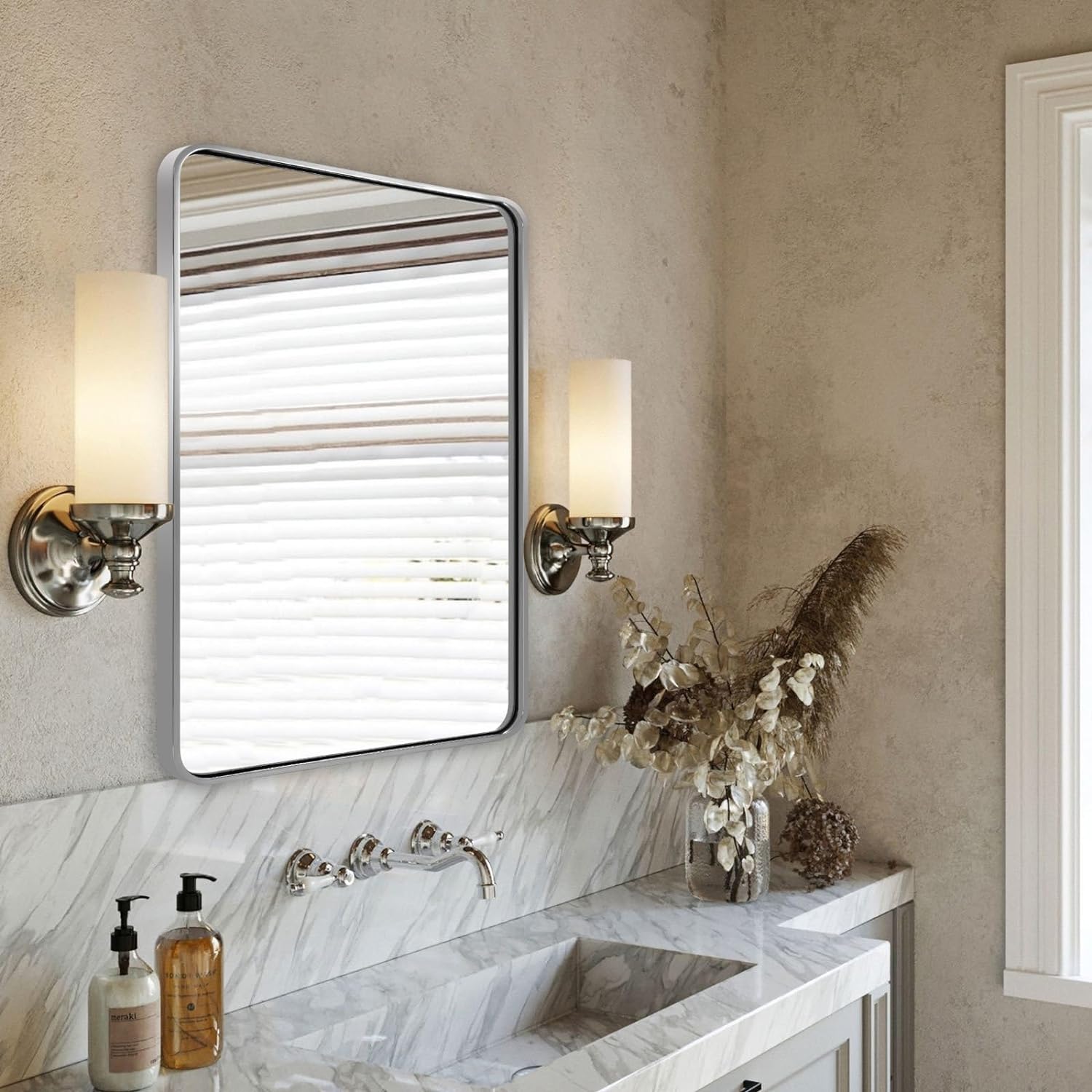 Modern Bold Framed Rectangle Wall Mirrors for Bathroom Wall| Stainless Steel Framed