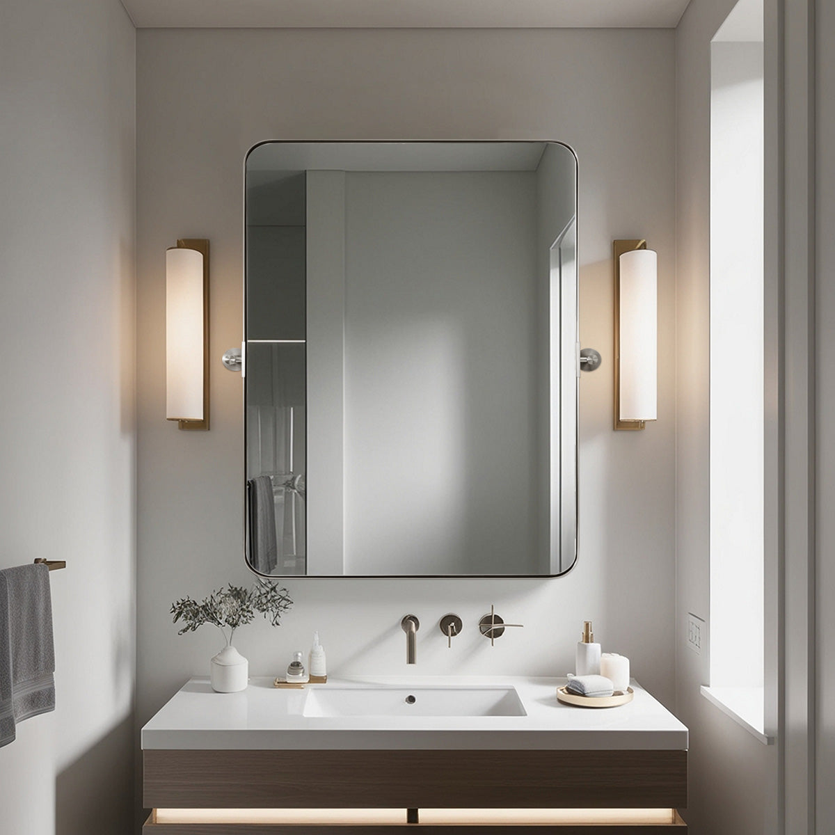 Open Box Like New: Tilting Pivot Rectangular Bathroom Mirrors | Stainless Steel Frame