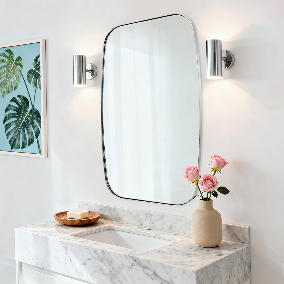 Modern Oblong Bathroom Mirror Long Oval Mirror | Stainless Steel Frame