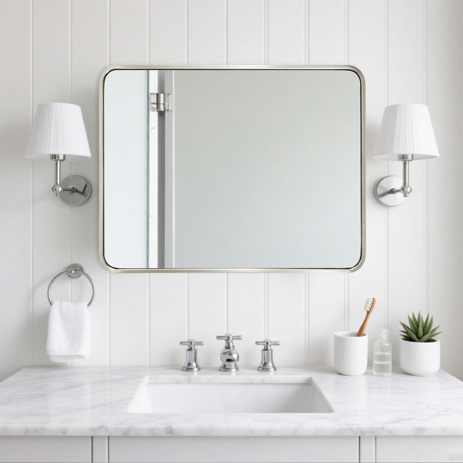 Modern Bold Stainless Steel Framed Rounded Rectangular Bathroom Wall Mirror