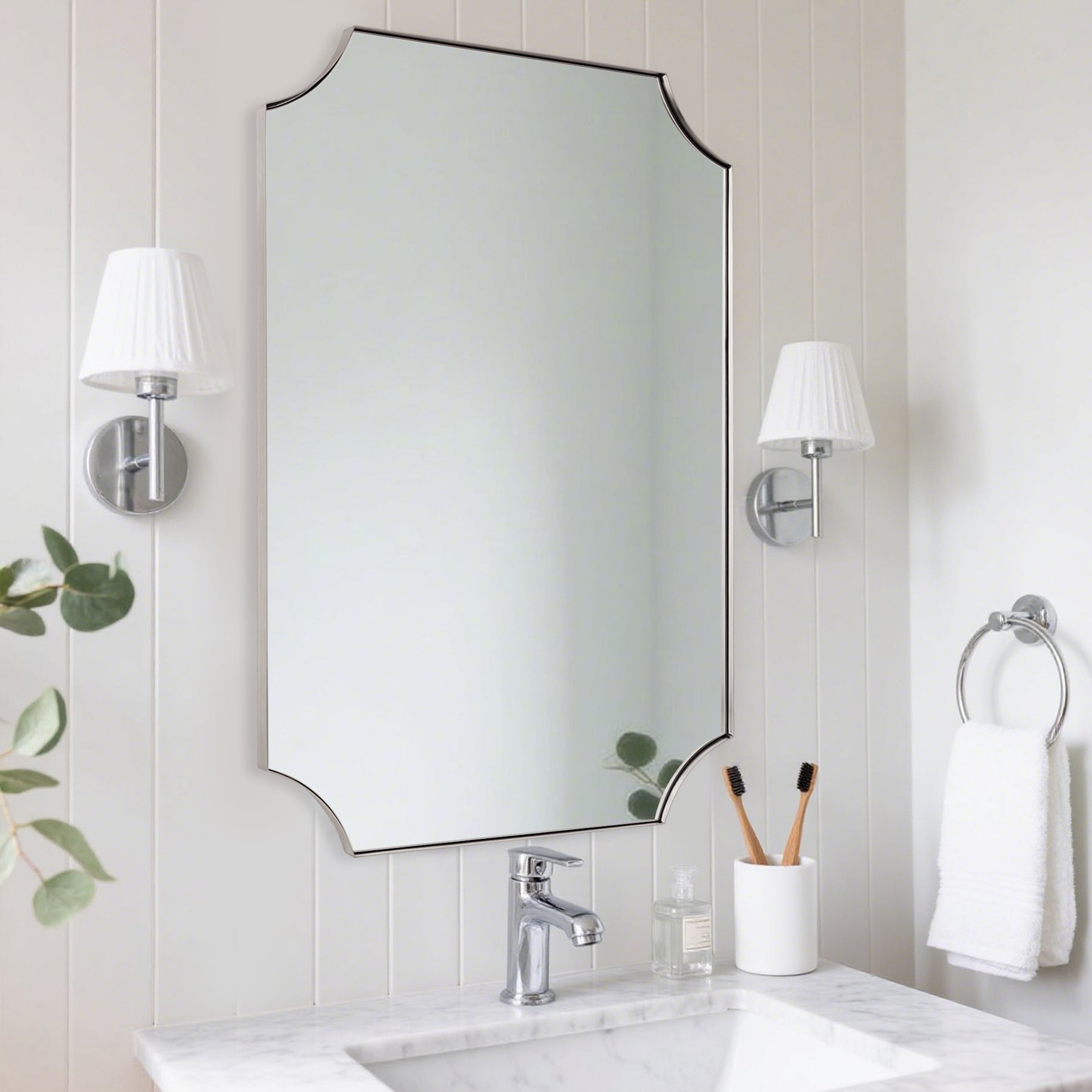 Contemporary Notched Corner Scalloped Rectangle Bathroom Vanity Mirror | Stainless Steel Frame