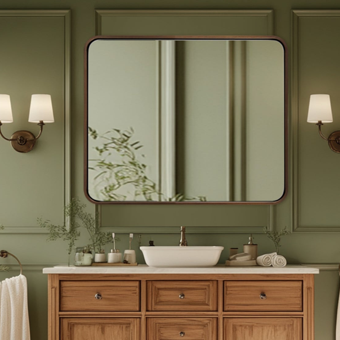 Modern Bold Stainless Steel Framed Rounded Rectangular Bathroom Wall Mirror