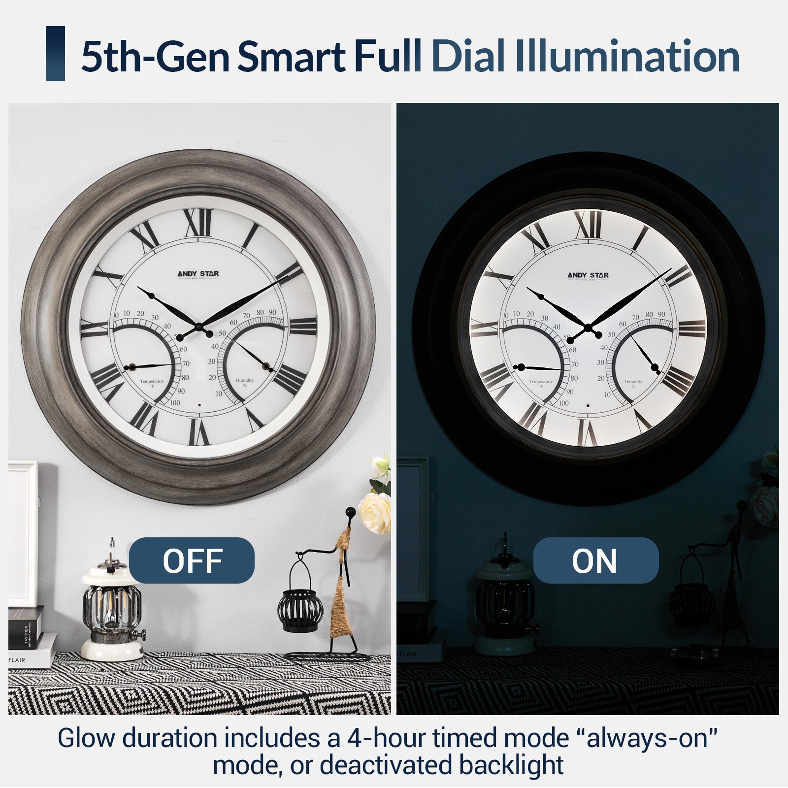 Oak Large Outdoor Wall Clock with Thermometer Waterproof Illuminated,24 Inch