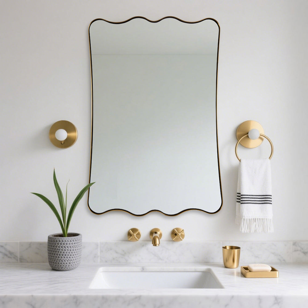 Contemporary Wavy Scalloped Rectangle Mirror Decorative Bathroom Mirror | Stainless Steel Frame