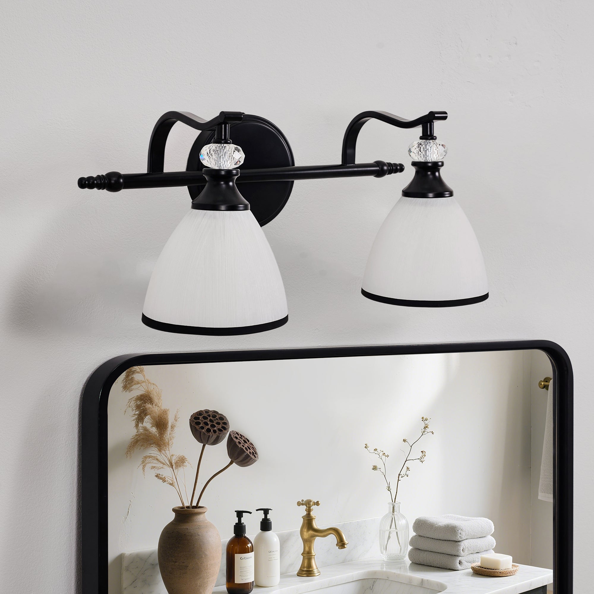 Artistical Metal Crank Frame White Frosted Trumpet Shade Bathroom Sconces