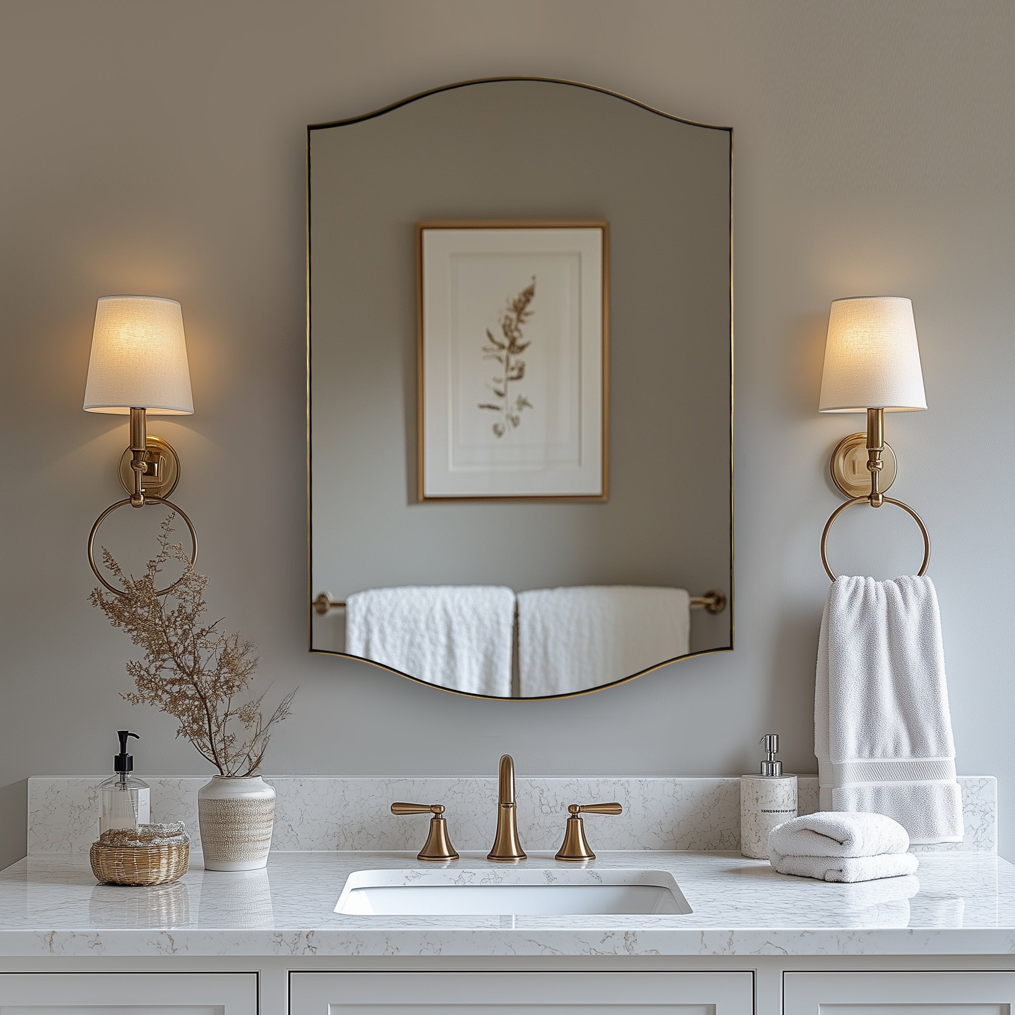 Dual Curve Arch Rectangular Scalloped Bathroom Wall Mirror |Stainless Steel Framed