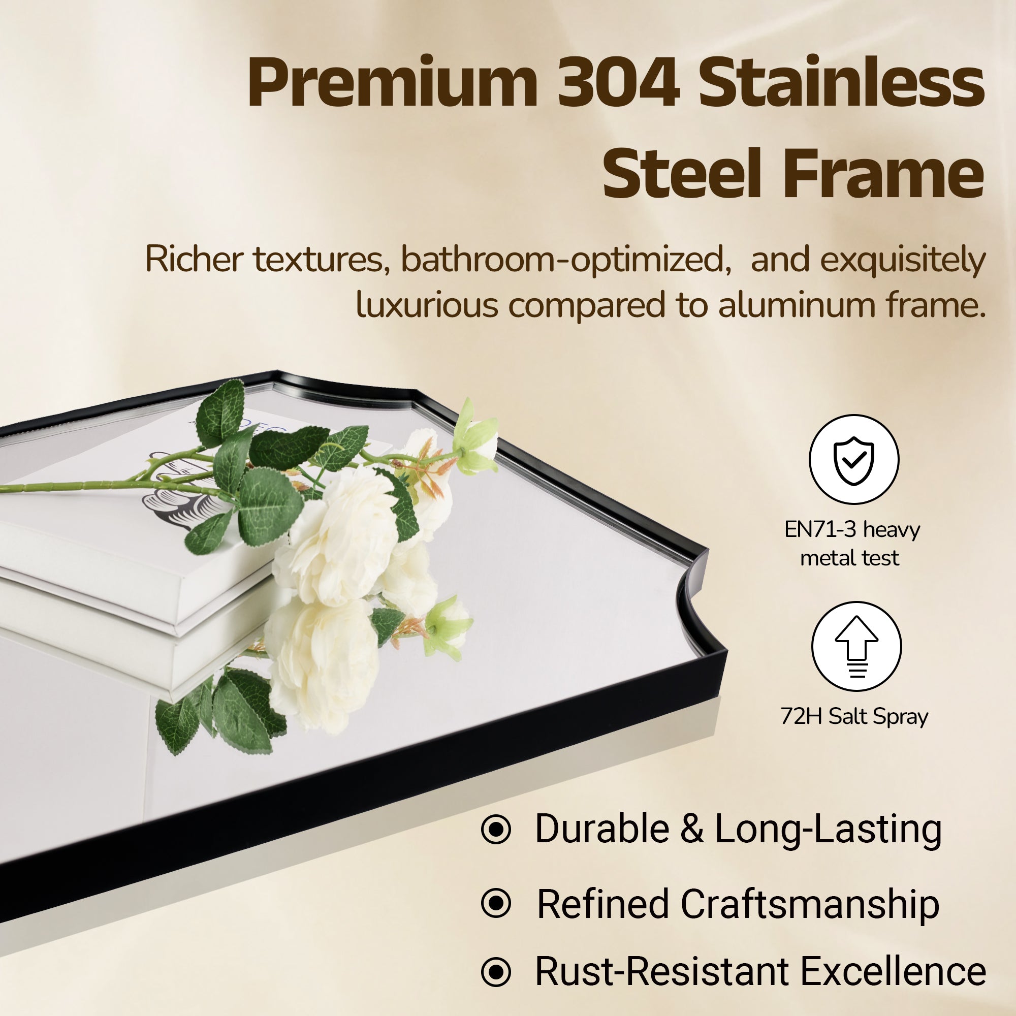 Contemporary Notched Corner Scalloped Rectangle Bathroom Vanity Mirror | Stainless Steel Frame