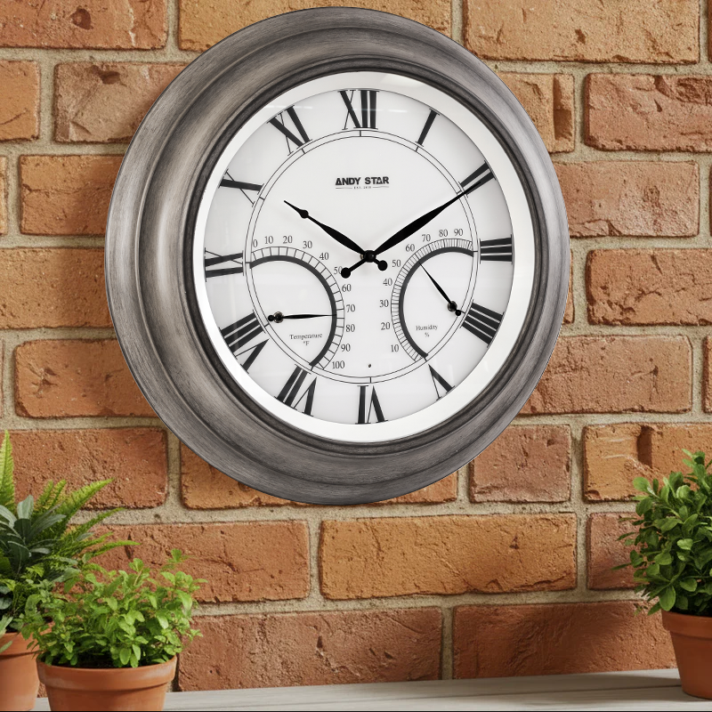 Oak Large Outdoor Wall Clock with Thermometer Waterproof Illuminated,24 Inch