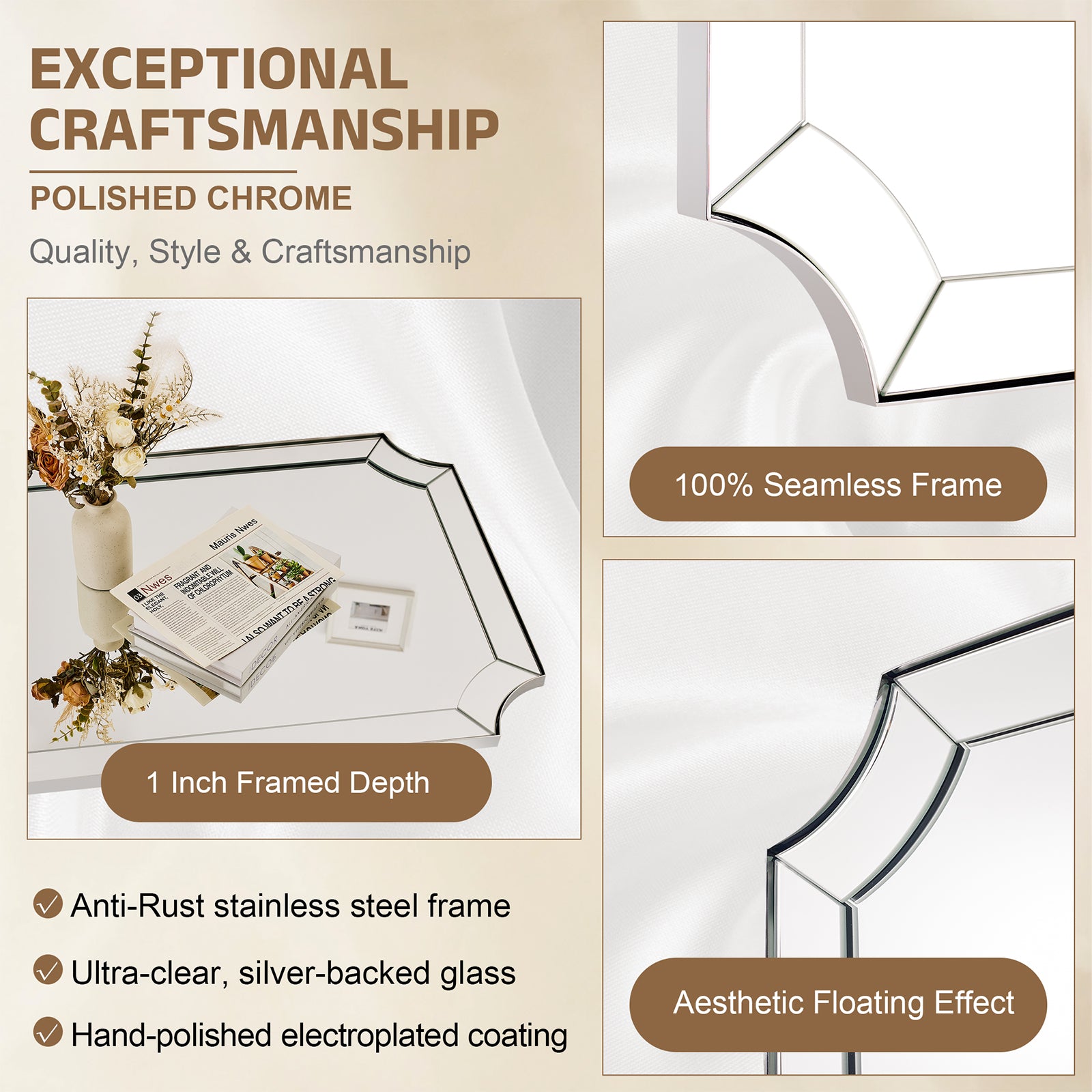 Minuette Glass Tiles Edge Scalloped Bathroom Vanity Mirrors | Stainless Steel Frame