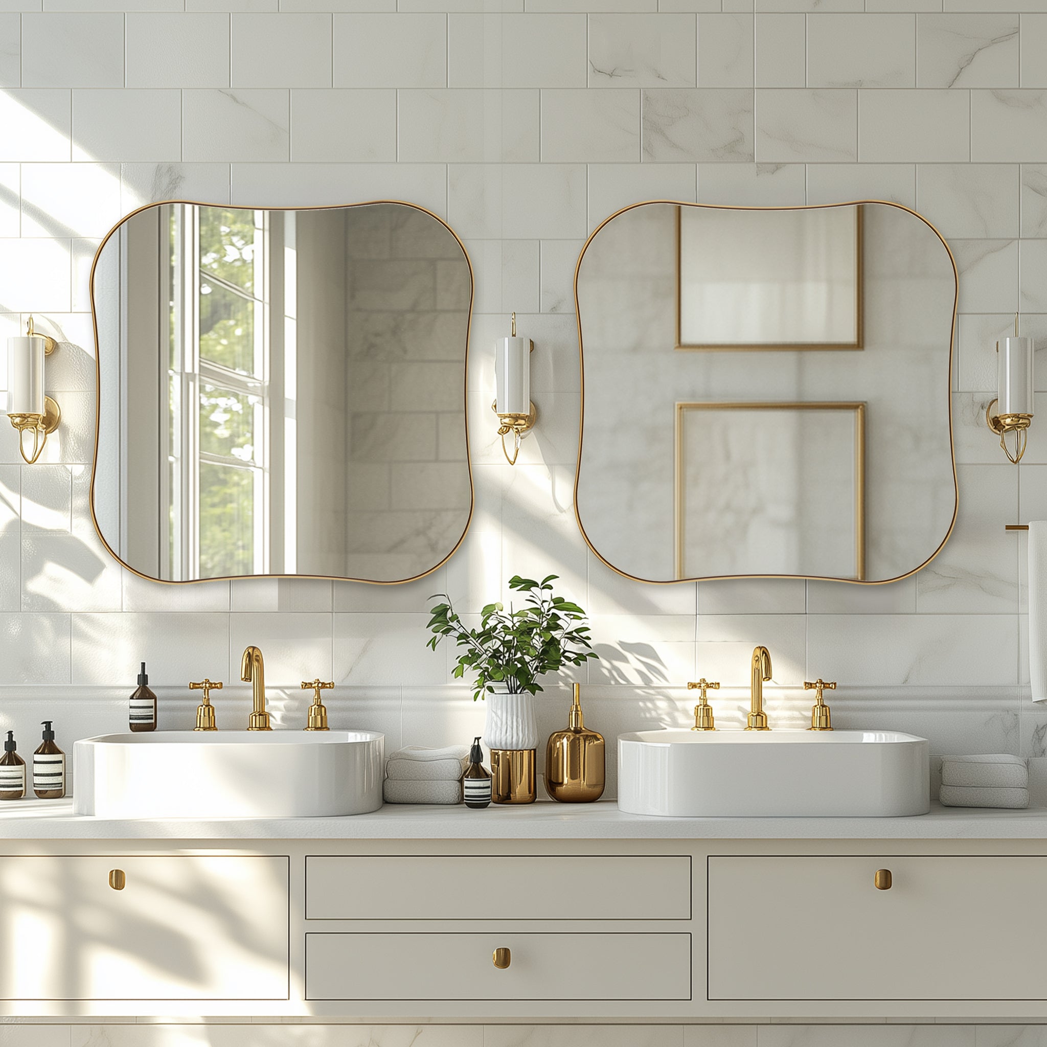 Contemporary Square Scalloped Bathroom Mirrors | 30Inch,Stainless Steel Framed