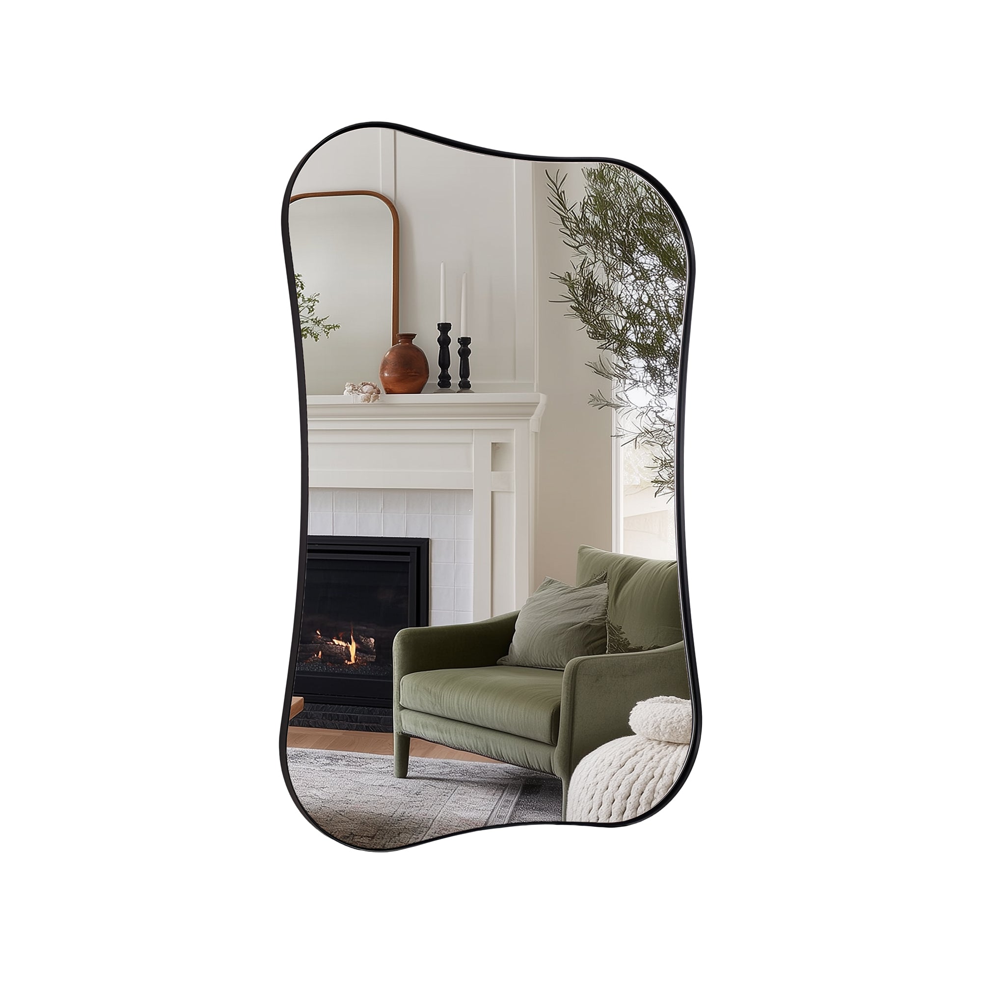 Contemporary Dual Concave Edge Rouded Scalloped Rectangle Wall Mirror | Stainless Steel Frame