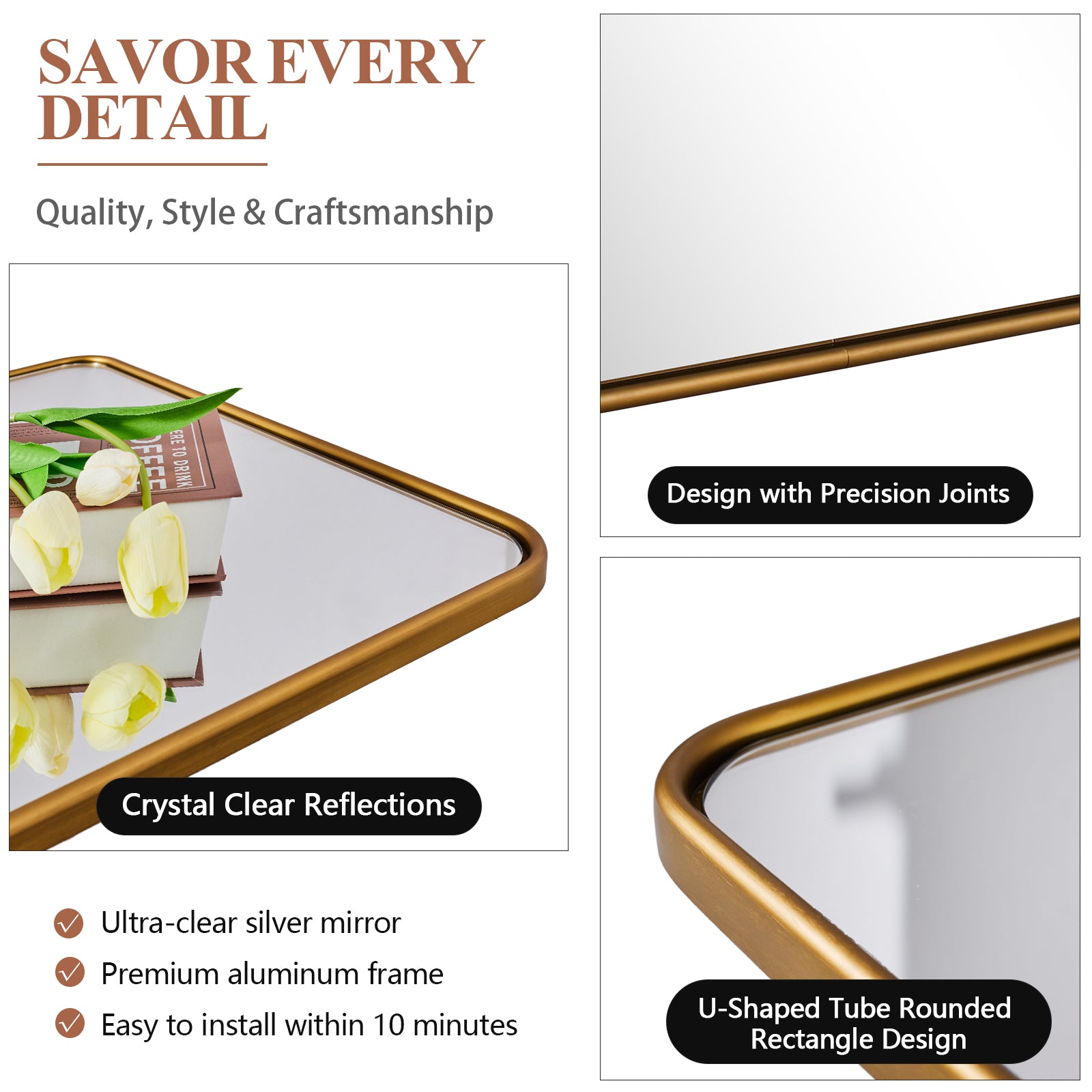 Contemporary Rounded Rectangular Bathroom Wall Mirror| Aluminum U-Tube Framed