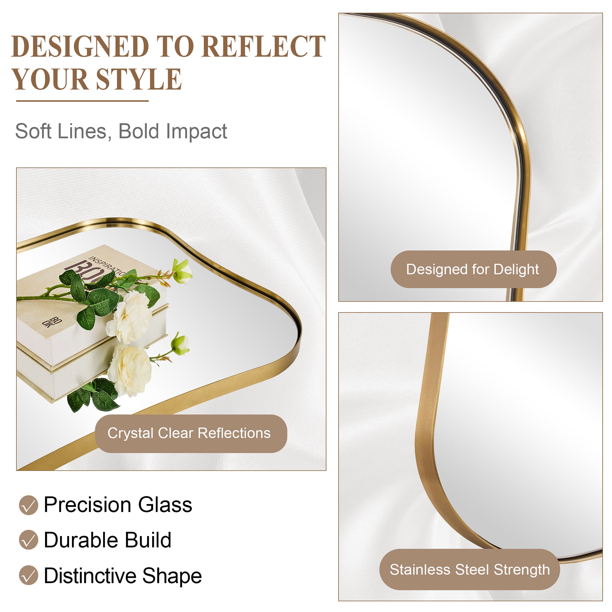 Contemporary Dual Concave Edge Rouded Scalloped Rectangle Wall Mirror | Stainless Steel Frame