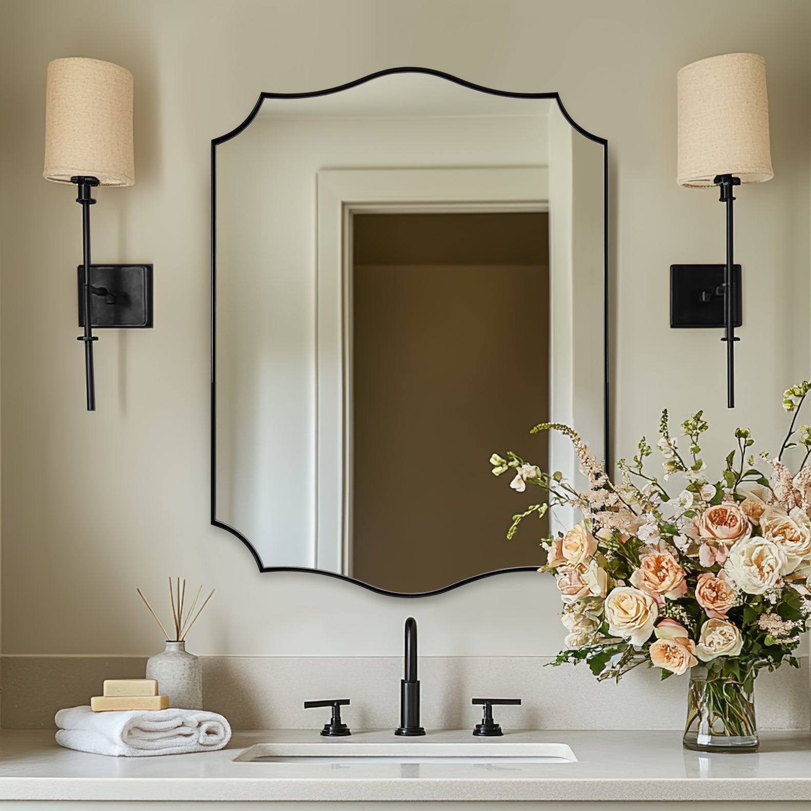 Traditional Rectangle Scalloped Wall Mirror for Bathroom | Stainless Steel Frame