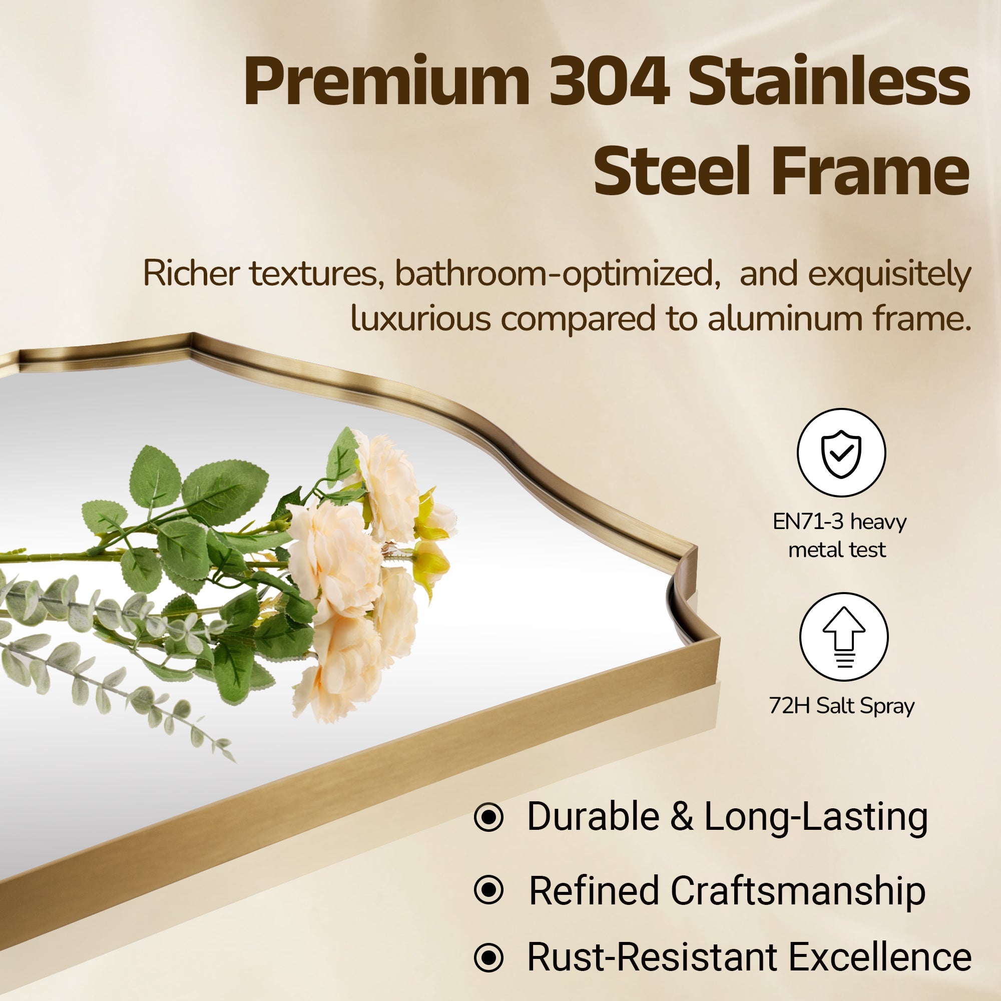 Traditional Rectangle Scalloped Wall Mirror for Bathroom | Stainless Steel Frame