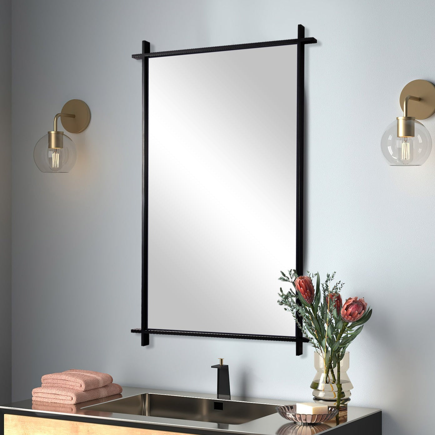 Industrial Cross Corner Iron Metal Rectangle Wall Mirror for Bathroom,Living Room