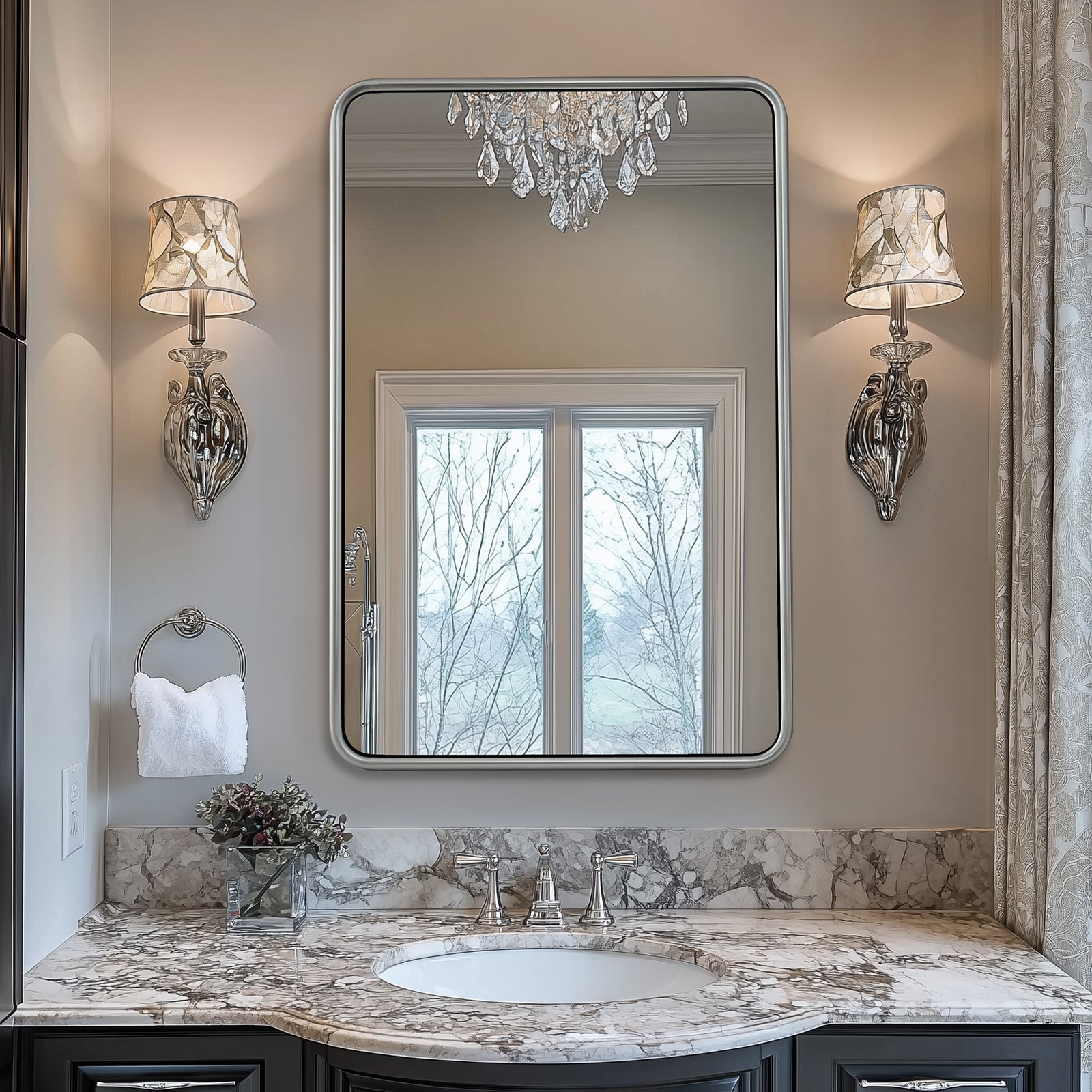 Contemporary Rectangle Bathroom Mirror |Rounded Stainless Steel Framed