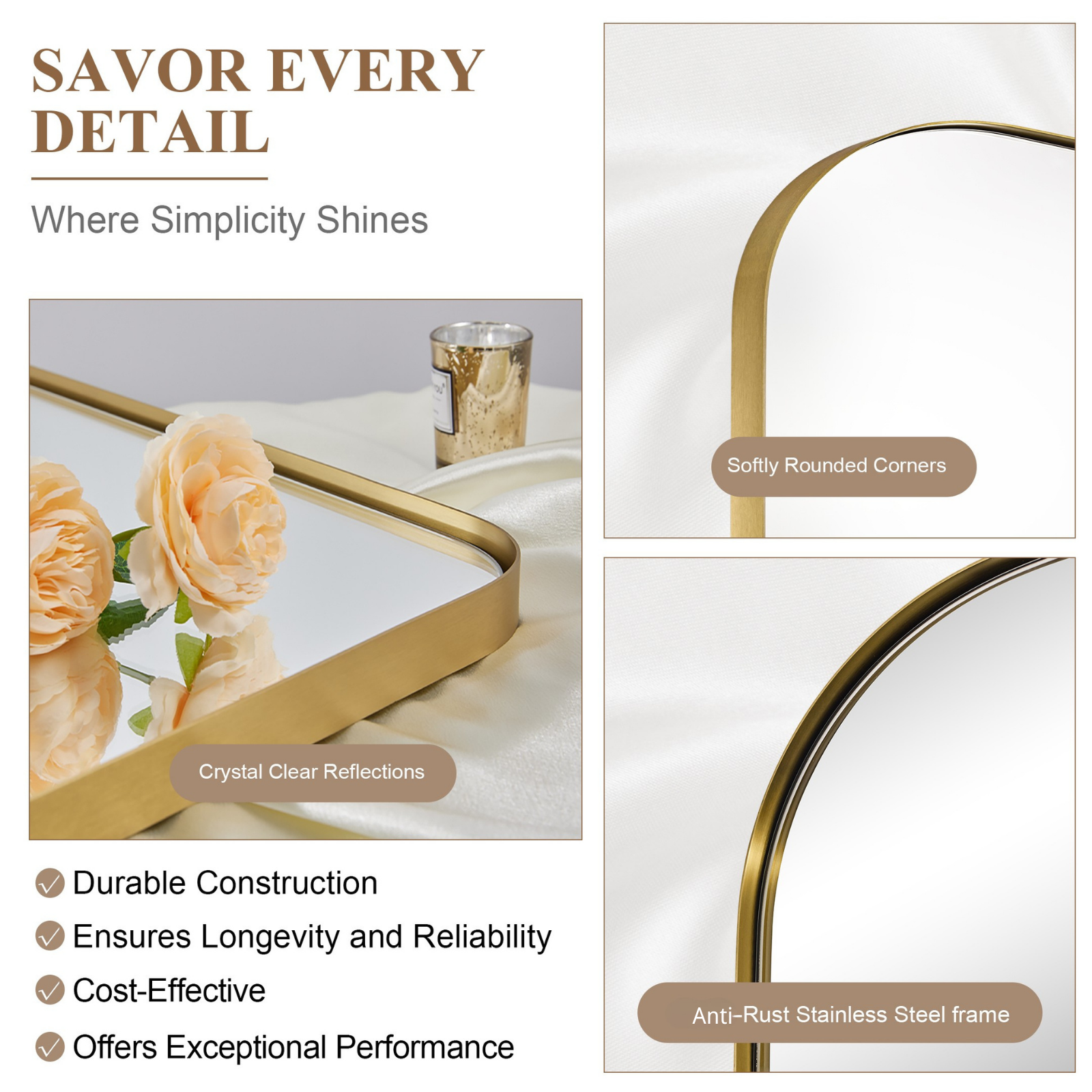 Modern Mantel Wide Arch Rectangle Bathroom Vanity Mirror | Stainless Steel Frame