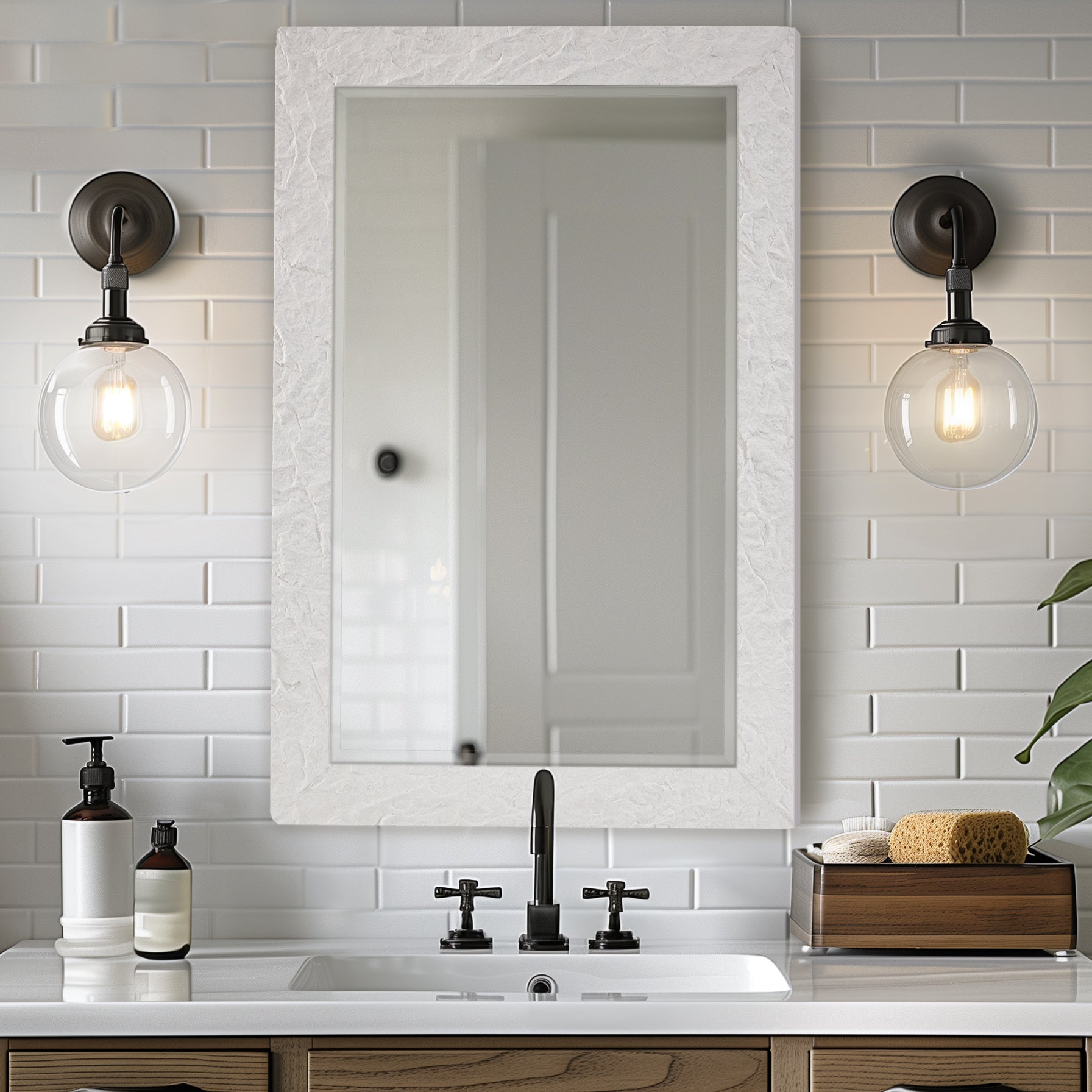 Contemporary White Plaster Thick Framed Rectangle Bathroom Mirror Decorative Beveled Mirror