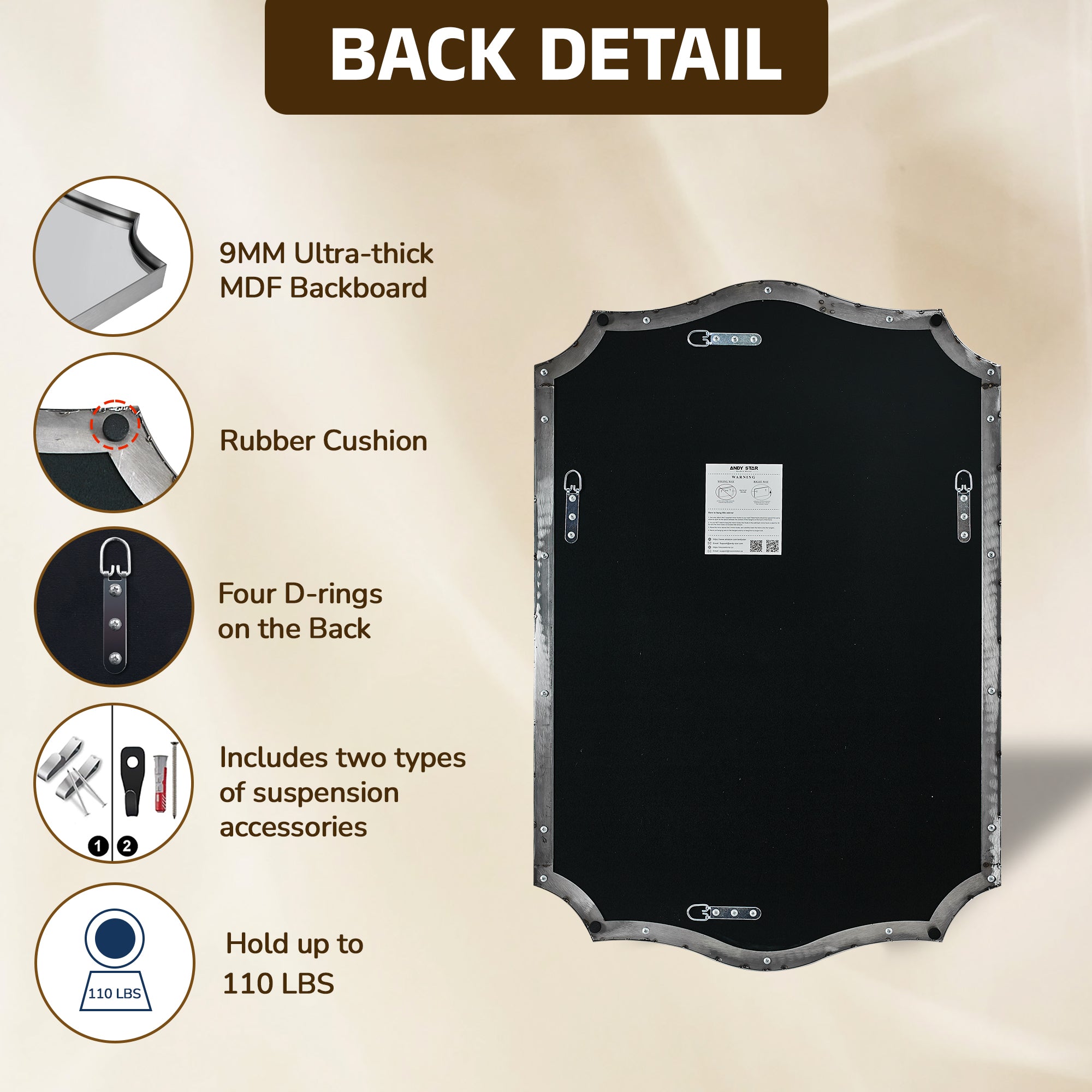 Traditional Rectangle Scalloped Wall Mirror for Bathroom | Stainless Steel Frame