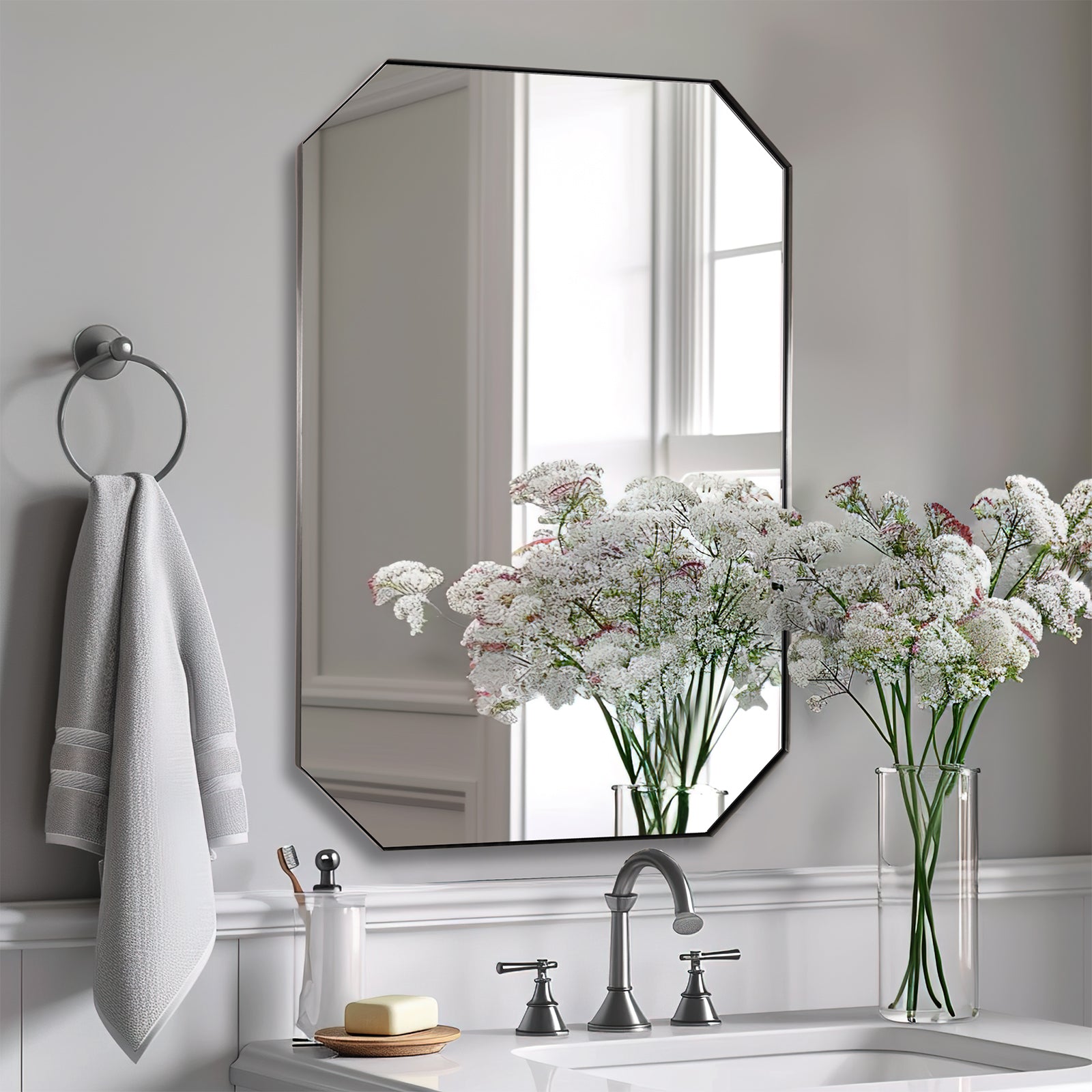Contemporary Cut Corner Octagonal Scalloped Rectangle Mirror for Bathroom |Stainless Steel Frame