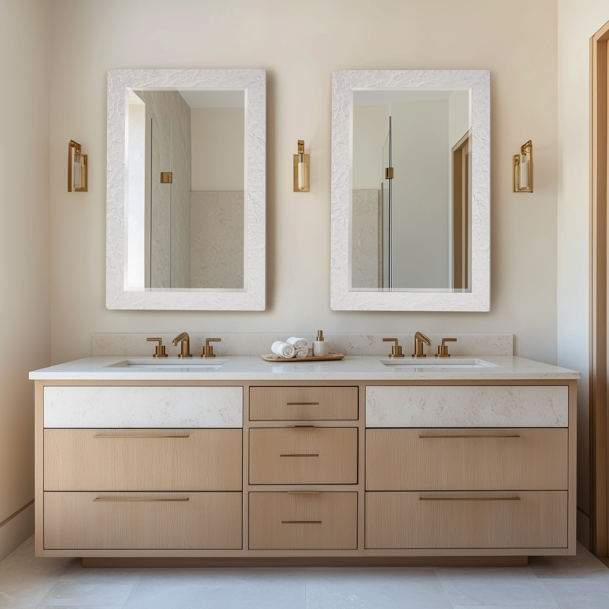 Contemporary White Plaster Thick Framed Rectangle Bathroom Mirror Decorative Beveled Mirror