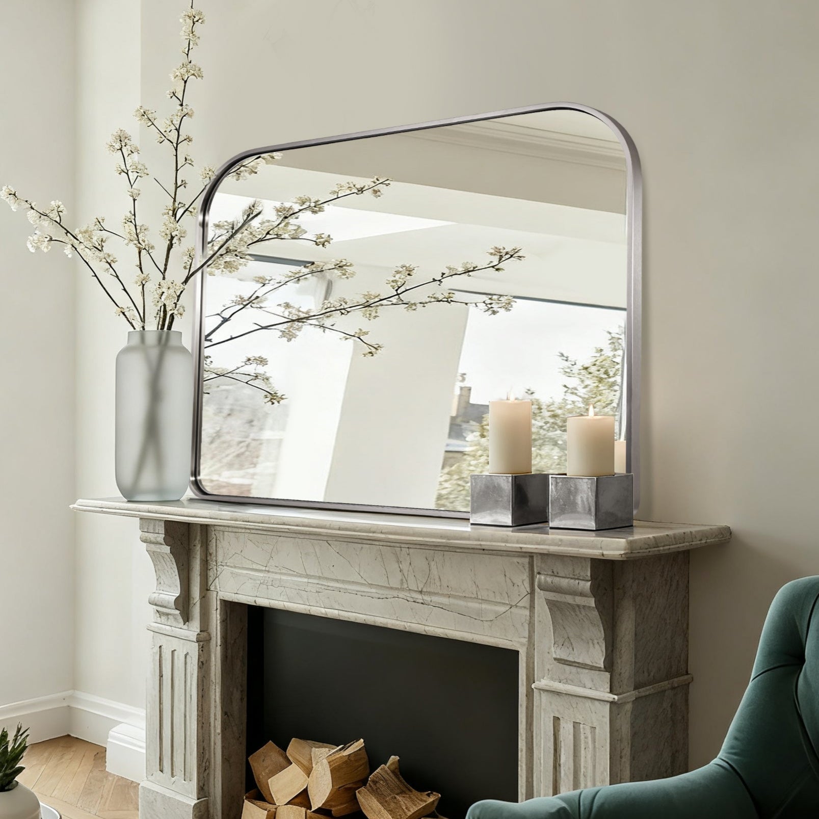 Anthropology Bold-Frame Wide Arch Mantel Mirror Bathroom Vanity Mirror ,Over the Fireplace | Stainless Steel Frame