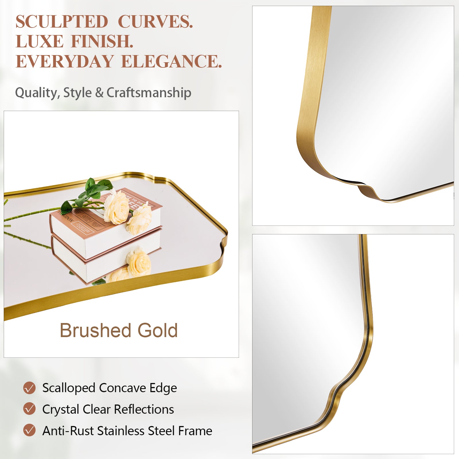 Contemporary Concave Edge Scalloped Bathroom Mirror Decorative | Stainless Steel Frame