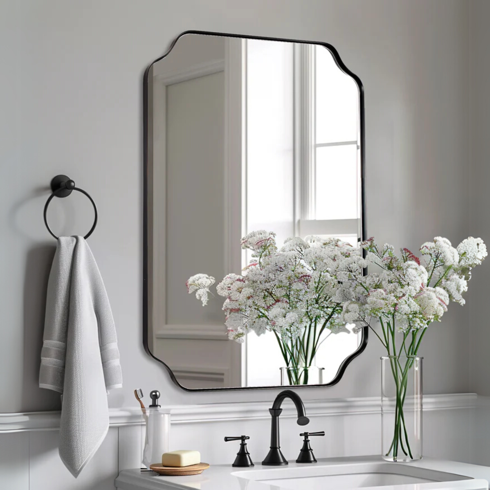 Contemporary Rounded Notched Corner Irregular Scalloped Mirror for Wall /Bathroom | Stainless Steel Frame