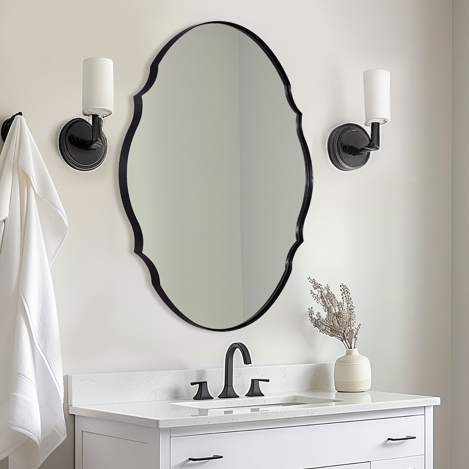 Contemporary Oval Scalloped Wall Mirror Irregular Bathroom Vanity Mirror| Stainless Steel Frame