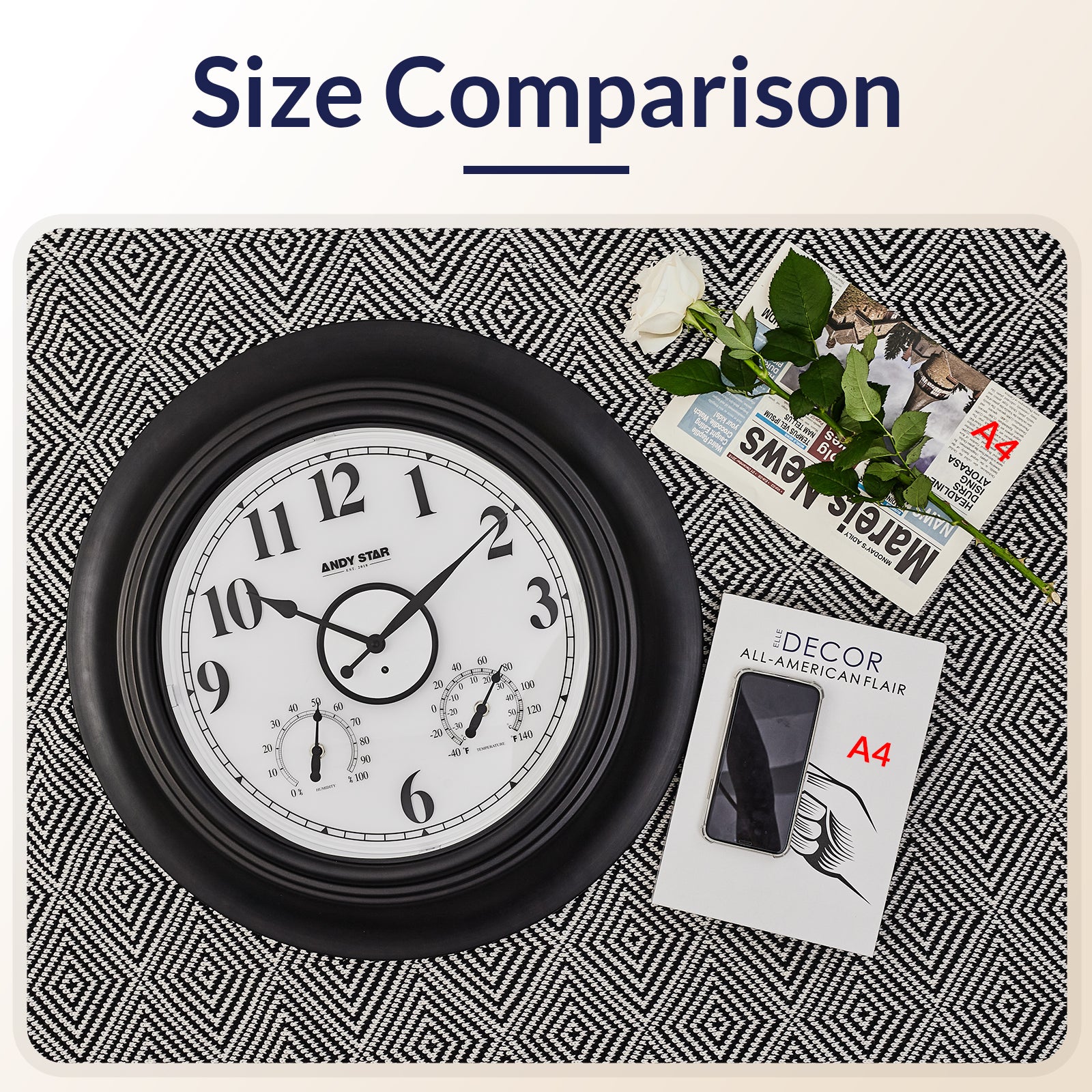 Contemporary Outdoor Clock with Thermometer Waterproof, 21 inch Black