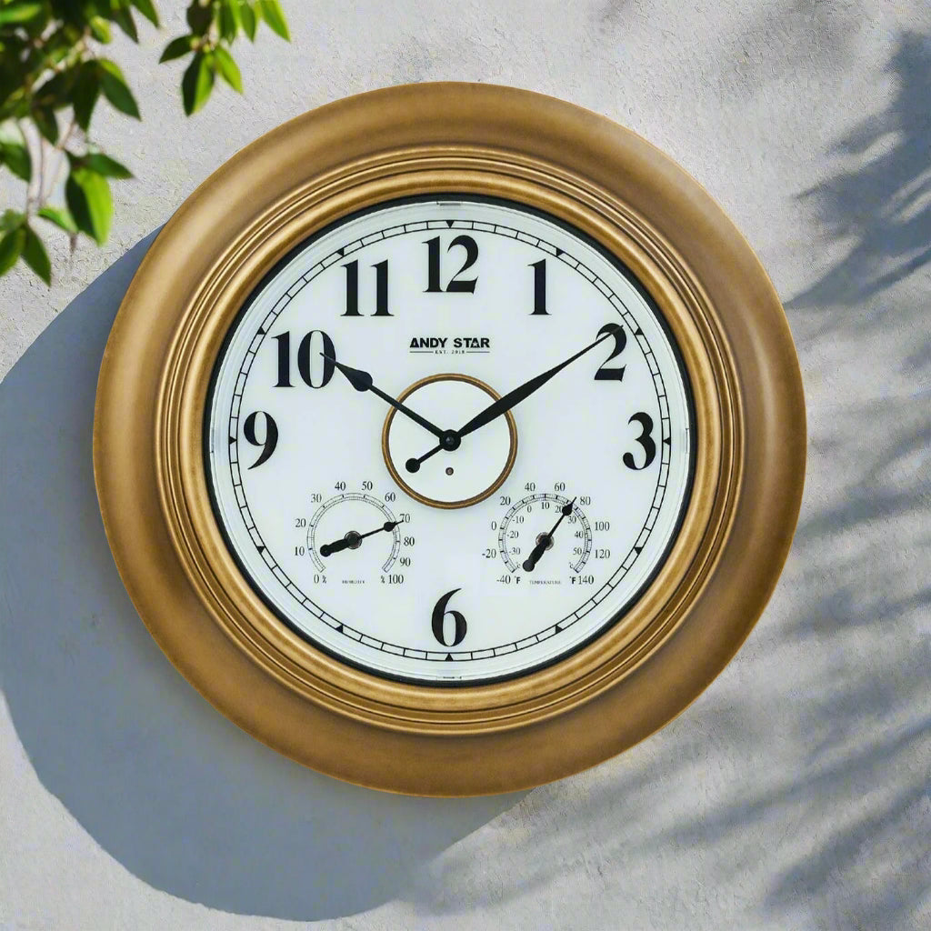 21 Inch Brass Large Outdoor Wall Clock with Thermometer Weatherproof Illuminated