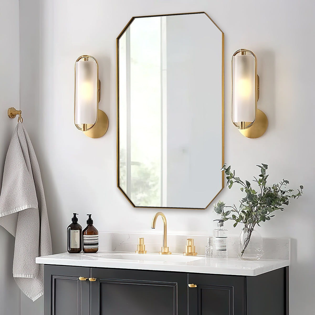 Contemporary Cut Corner Octagonal Scalloped Rectangle Mirror for Bathroom  |Stainless Steel Frame