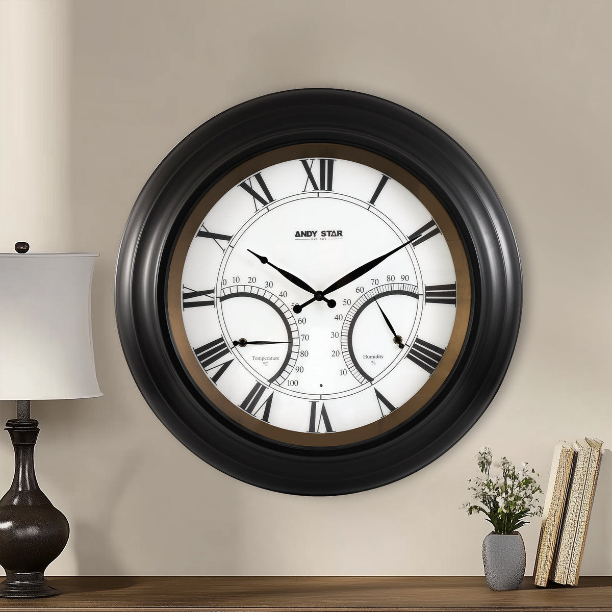 24 Inch Black Waterproof Large Outdoor Wall Clock with Thermometer