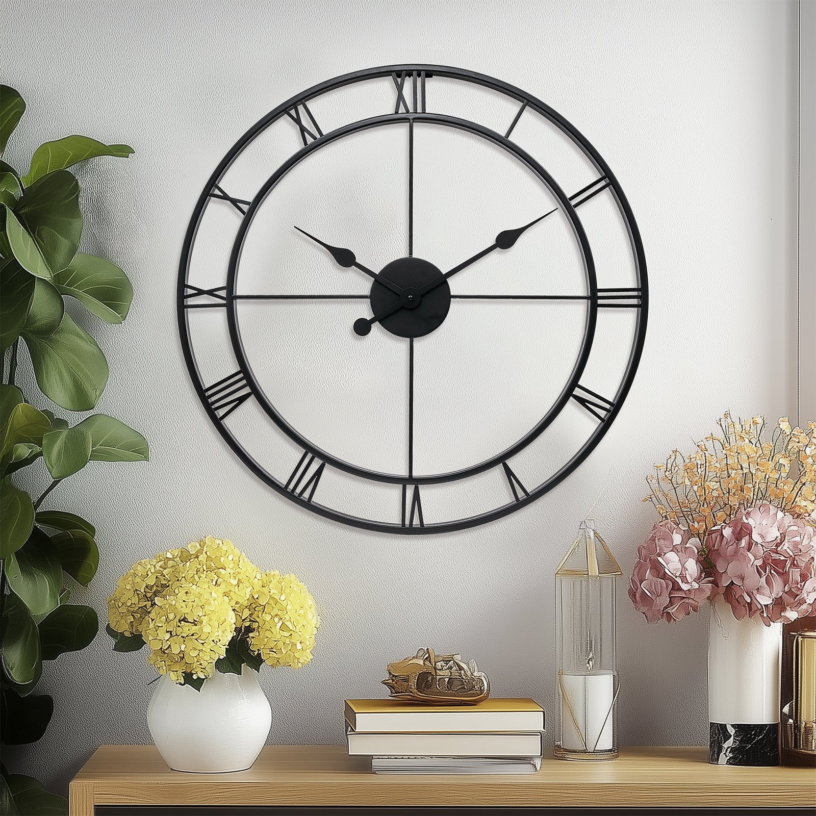 Retro Large Stainless Steel Round Hollow Metal Wall Clock Roman Numerals