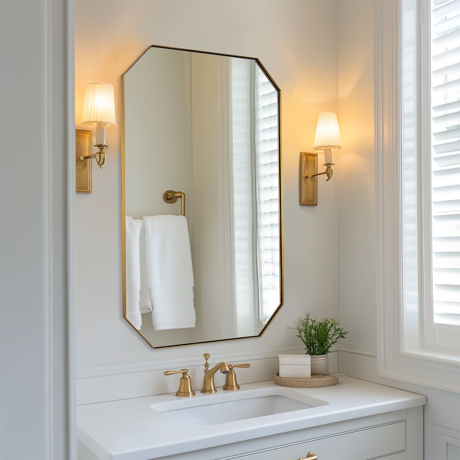 Contemporary Cut Corner Octagonal Scalloped Rectangle Mirror for Bathroom  |Stainless Steel Frame