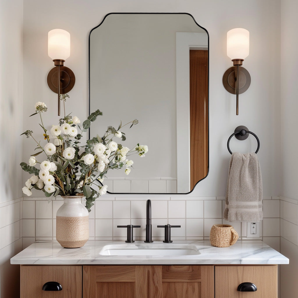 Open Box Like New:Notched Corner Rectangle Scalloped Mirror | Stainless Steel Frame