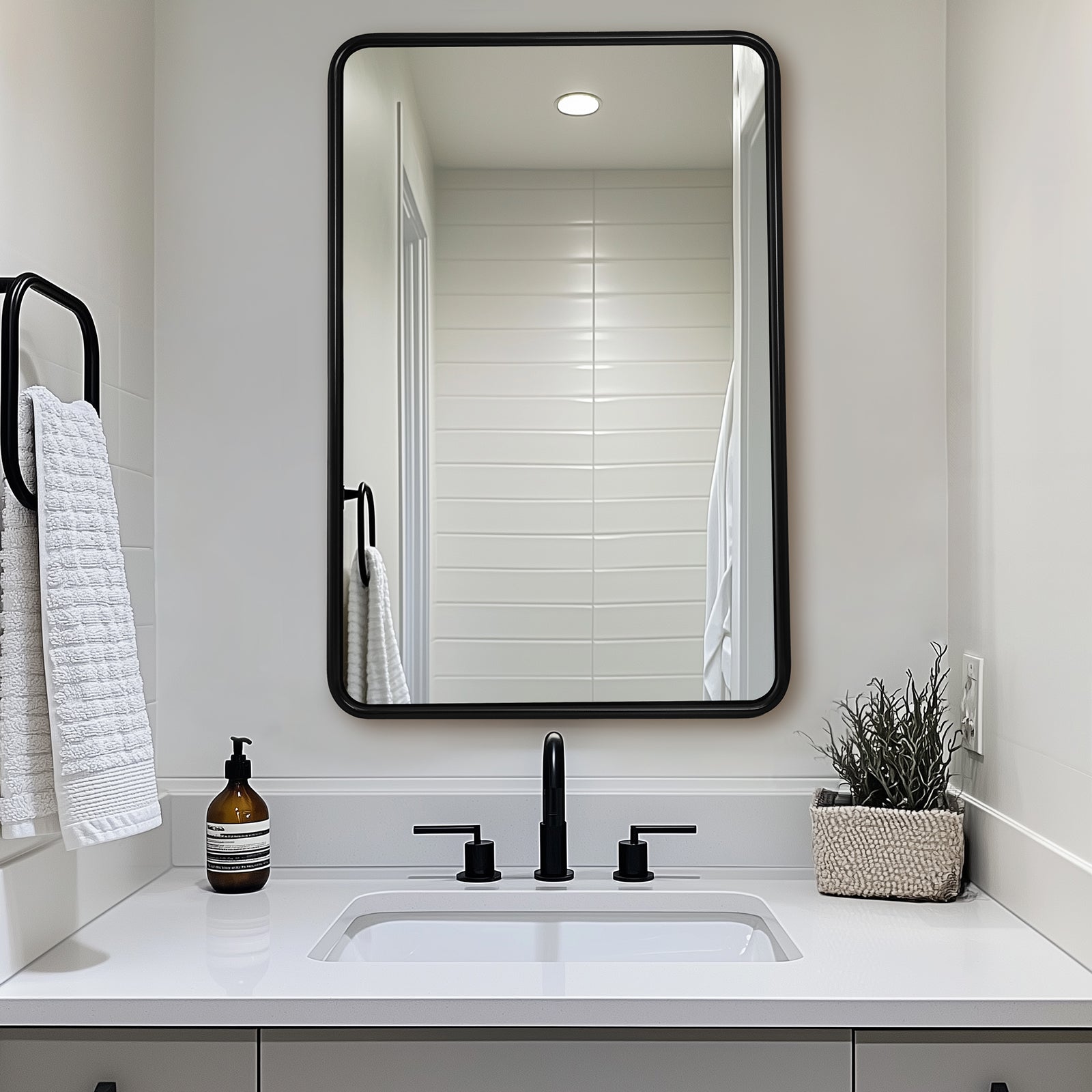 Contemporary Rectangle Bathroom Mirror |Rounded Stainless Steel Framed