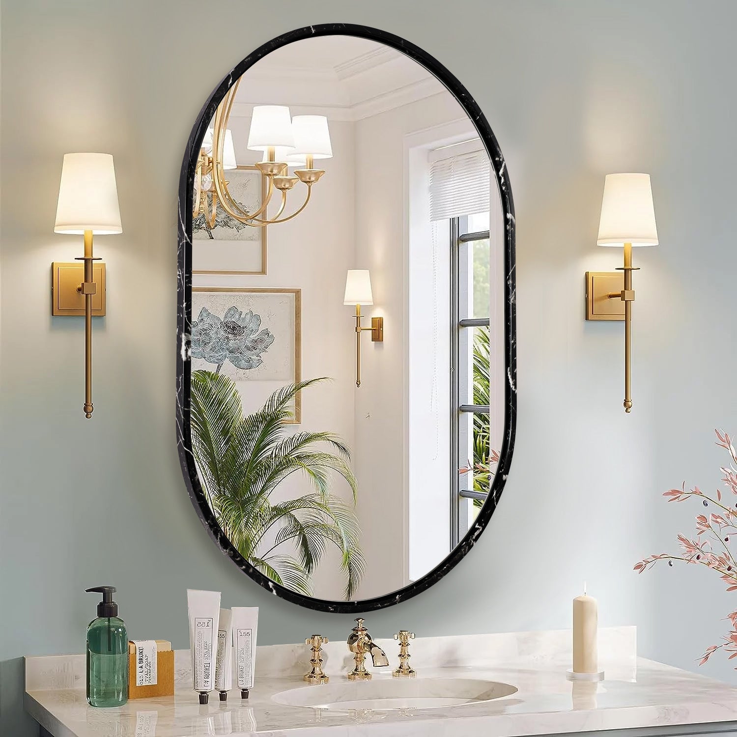 Contemporary Imitation Marble Framed Pill/ Capsule Shaped Mirrors for Bathroom/ Wall
