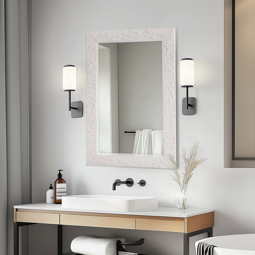 Contemporary White Plaster Thick Framed Rectangle Bathroom Mirror Decorative Beveled Mirror