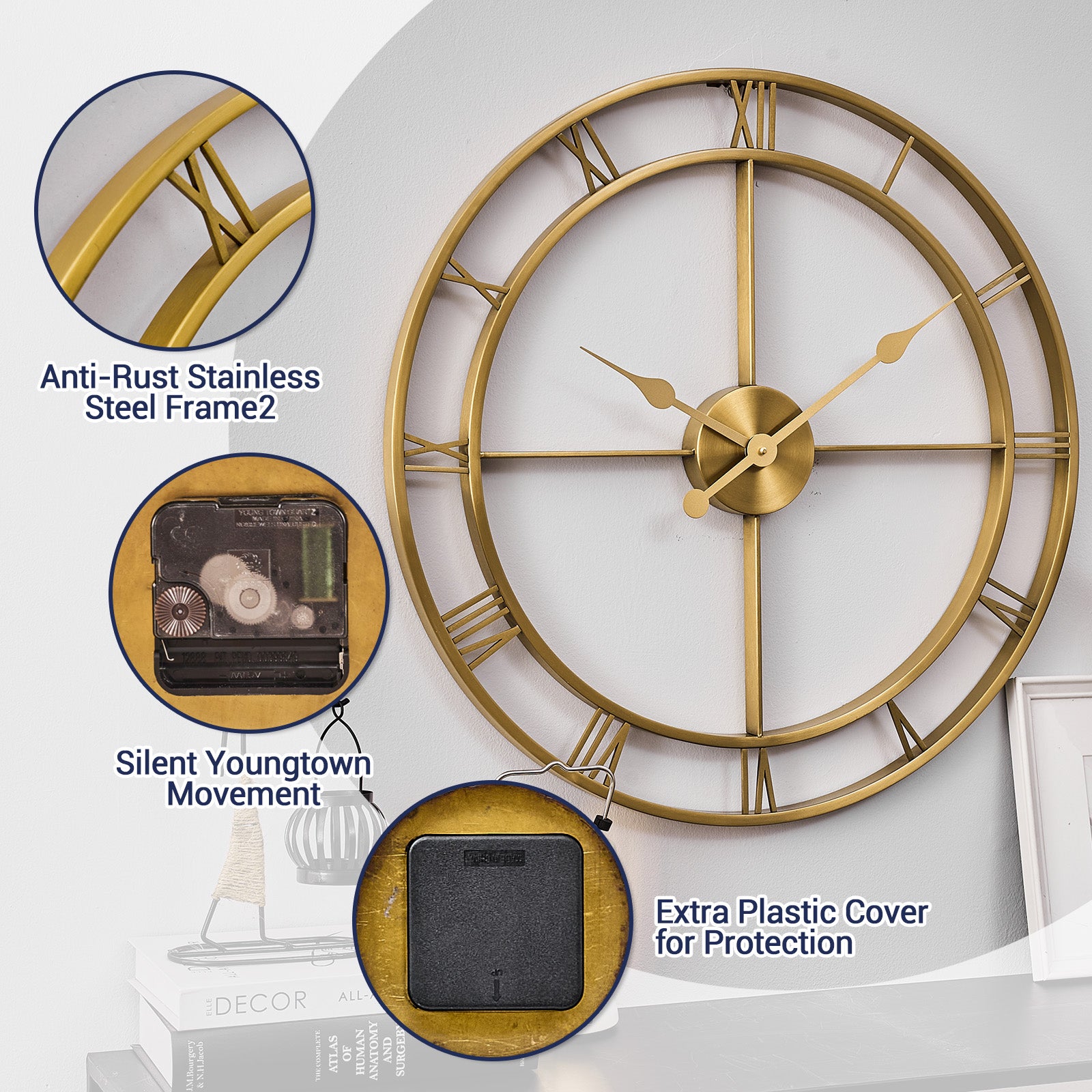 Retro Large Stainless Steel Round Hollow Metal Wall Clock Roman Numerals