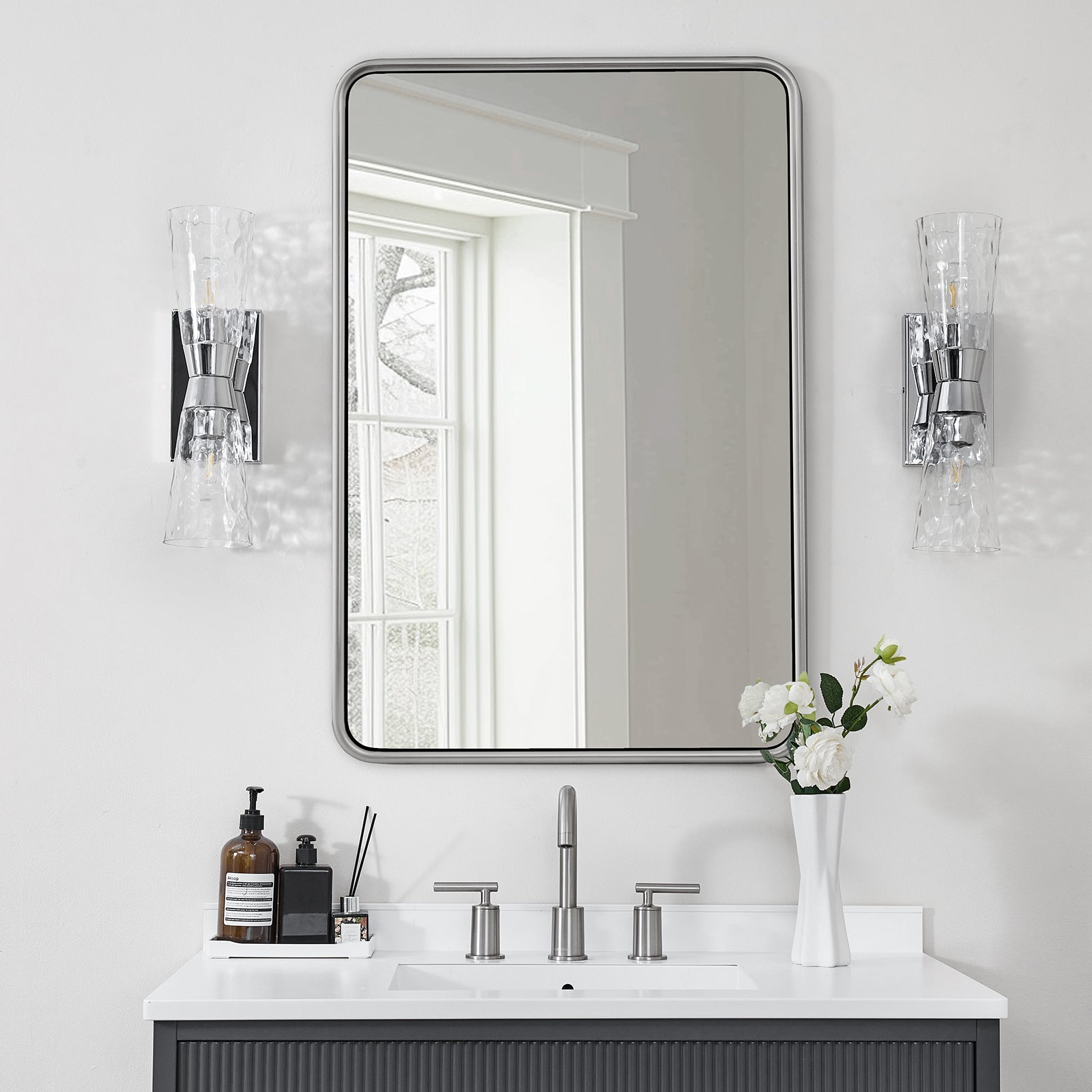 Contemporary Rectangle Bathroom Mirror |Rounded Stainless Steel Framed
