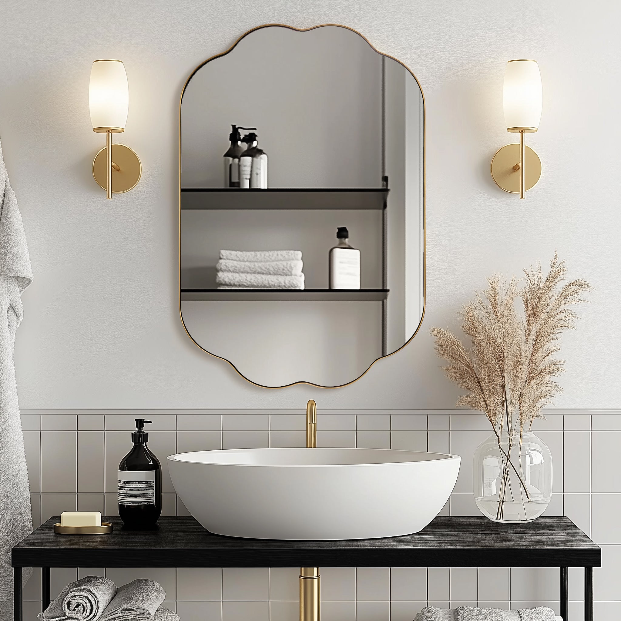 Contemporary Oval Scalloped Bathroom Vanity & Wall Mirror| Stainless Steel Framed