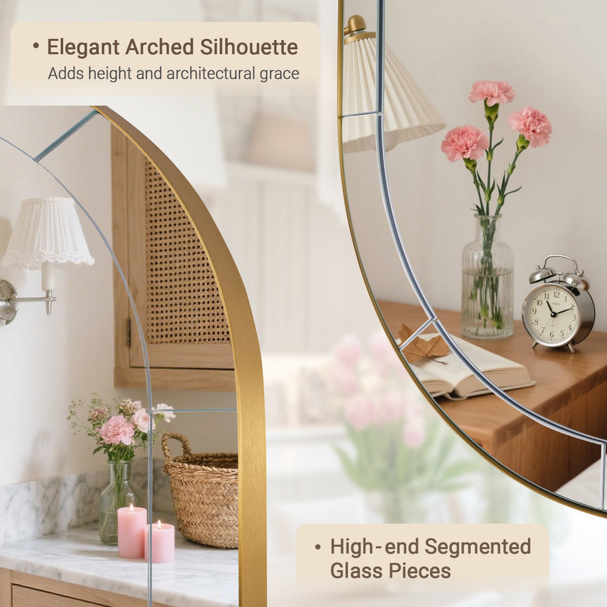Glass Tile Edge Arched Mirror Bathroom Vanity Mirror | Stainless Steel Frame