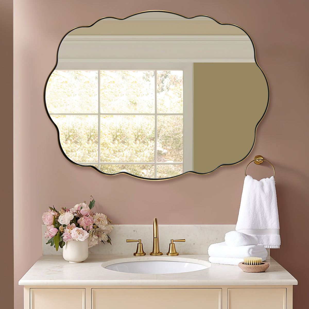 Contemporary Wavy Oval Scalloped Bathroom Vanity Mirror Irregular Organic Mirror| Stainless Steel Framed