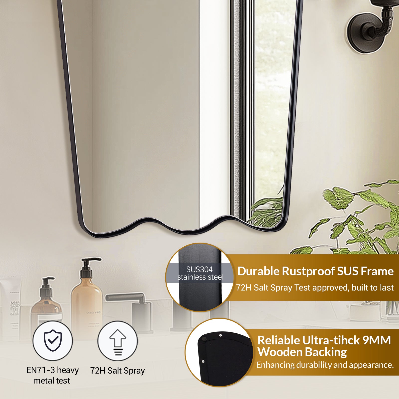 Contemporary Tapered Wavy Scalloped Bathroom Vanity Mirror | Stainless Steel Framed